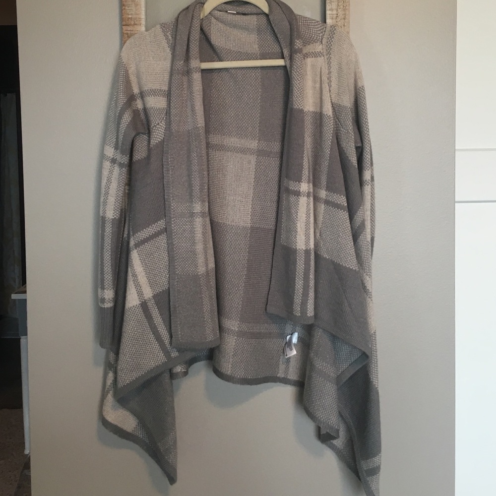 Grey plaid cascading sweater