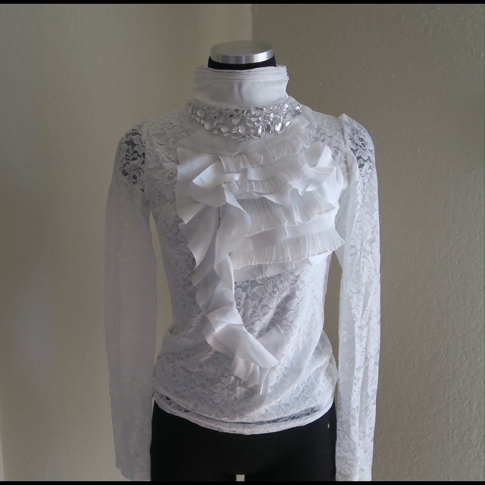 White Lace Jewel Neckline Blouse
