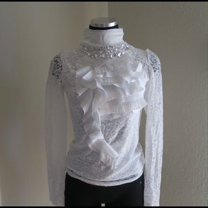 White Lace Jewel Neckline Blouse