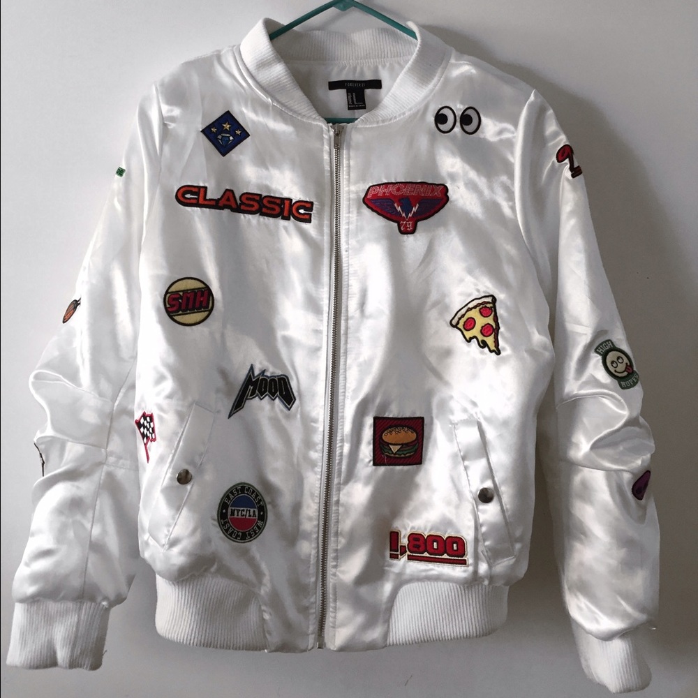 embroidered white satin bomber