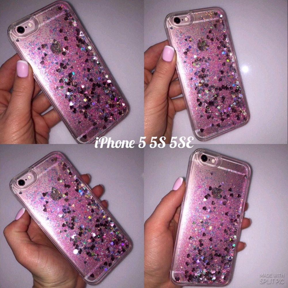 iPhone 5 5S 5SE Glitter Hearts Pink Waterfall Case