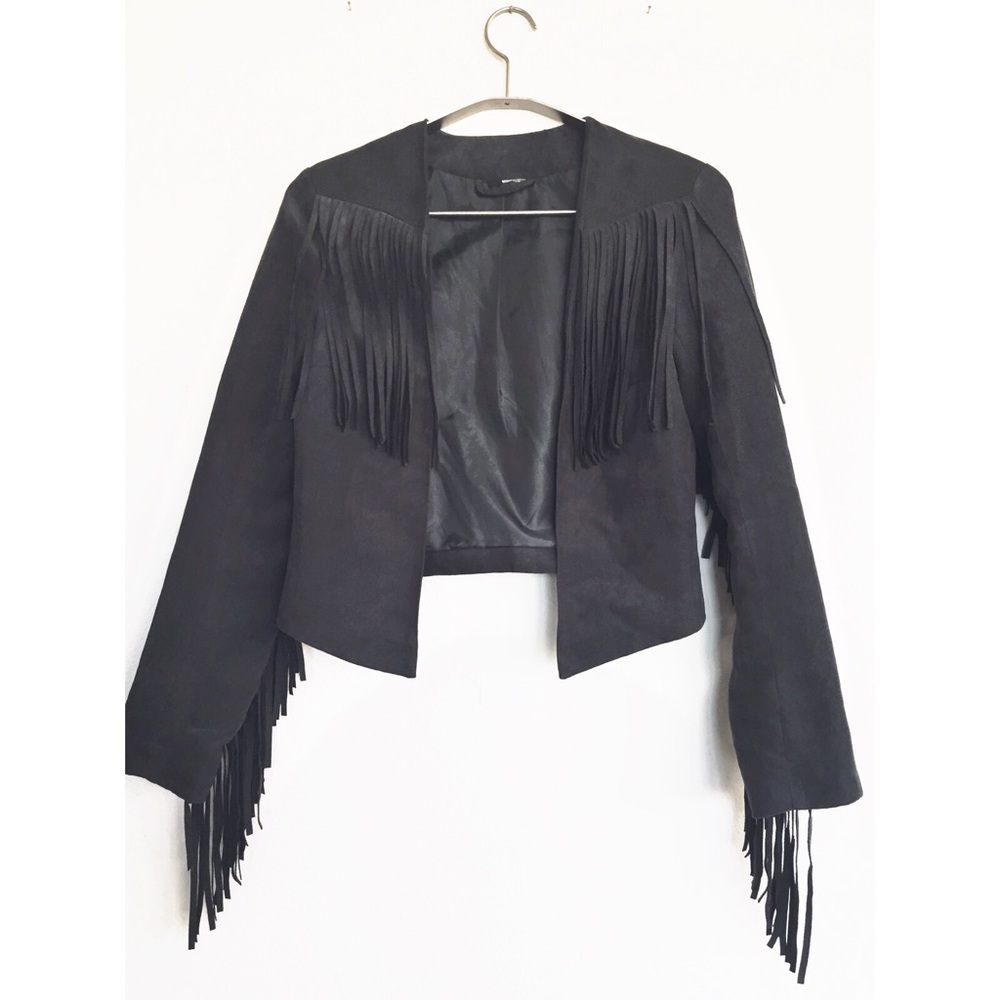 📍SOLD📍 Faux suede fringe charcoal blazer