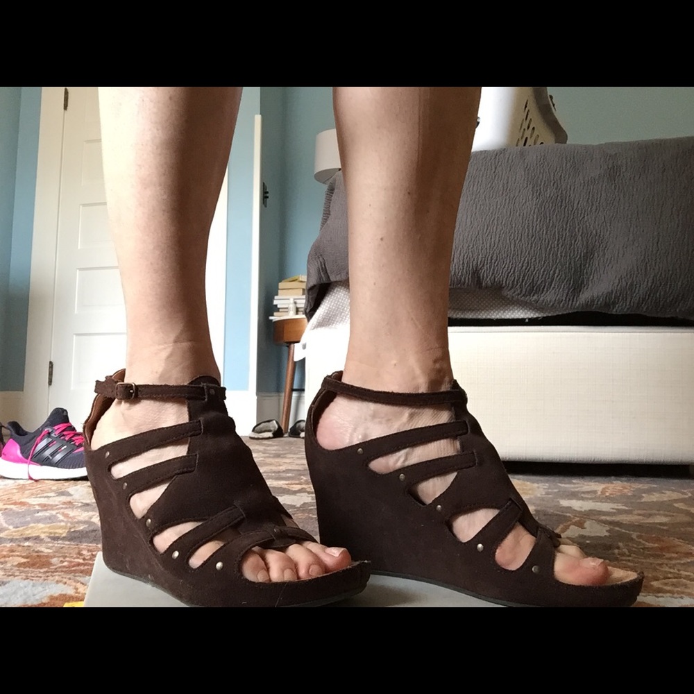 Chocolate brown suede wedge sandals