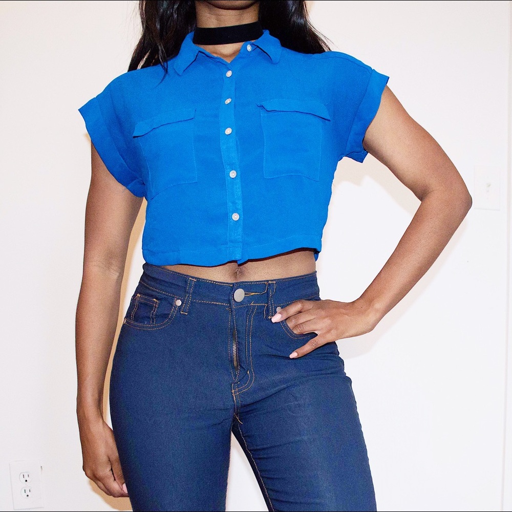 Blue Crop Top Button Down Shirt