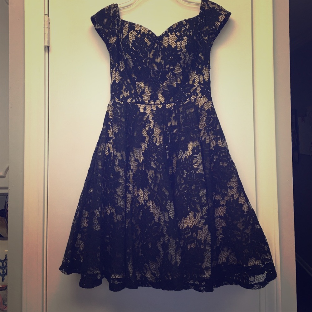 Black lace, off-shoulder, fit and flare dress