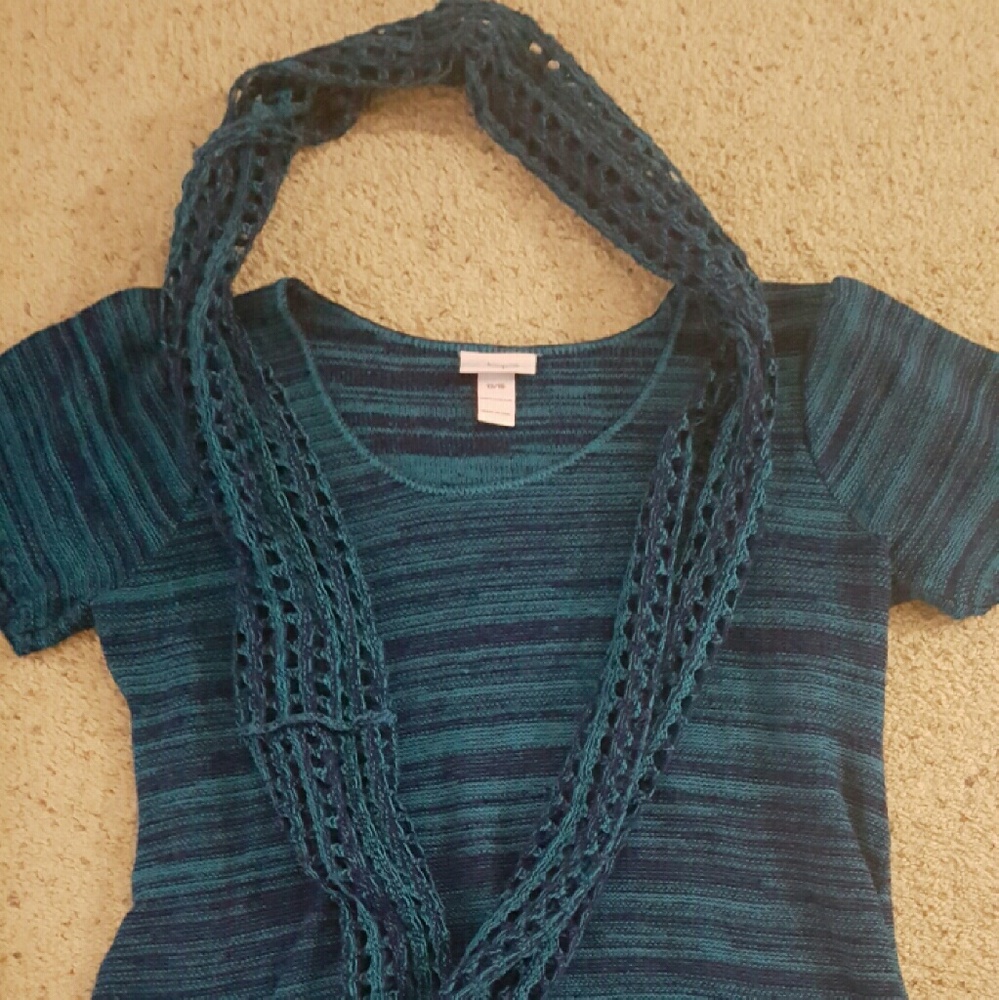 Loop 18 blue/black short sleeve top/sweater with scarf, 13/15. EUC