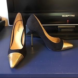 Black suede with gold toe Shoedazzle heels