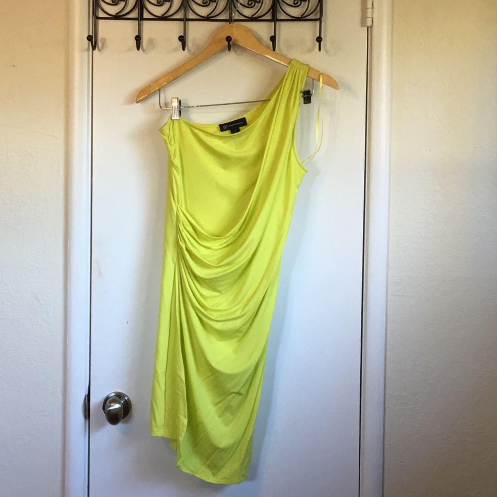 I.N.C. Neon Yellow one shoulder draped dress