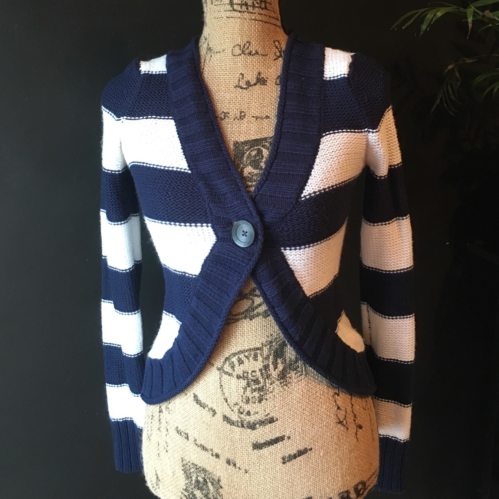 Navy Blue and White Striped 1 Button Cardigan S