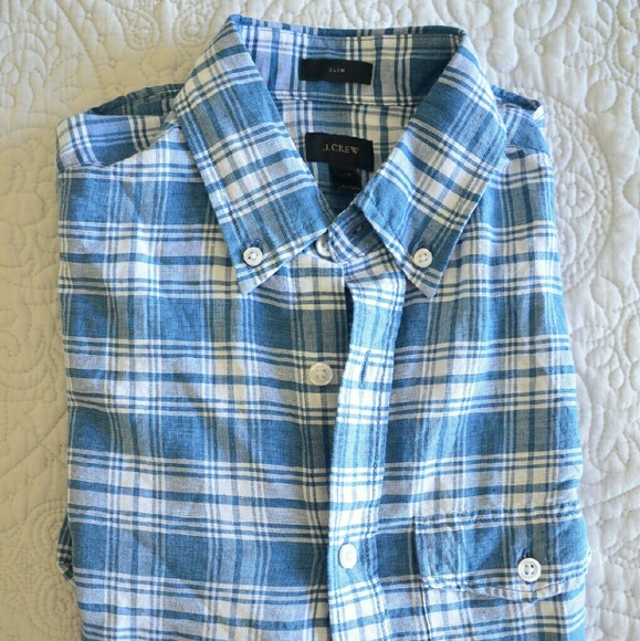 J. Crew Other - J. Crew Slim Linen Plaid Blue Button Up