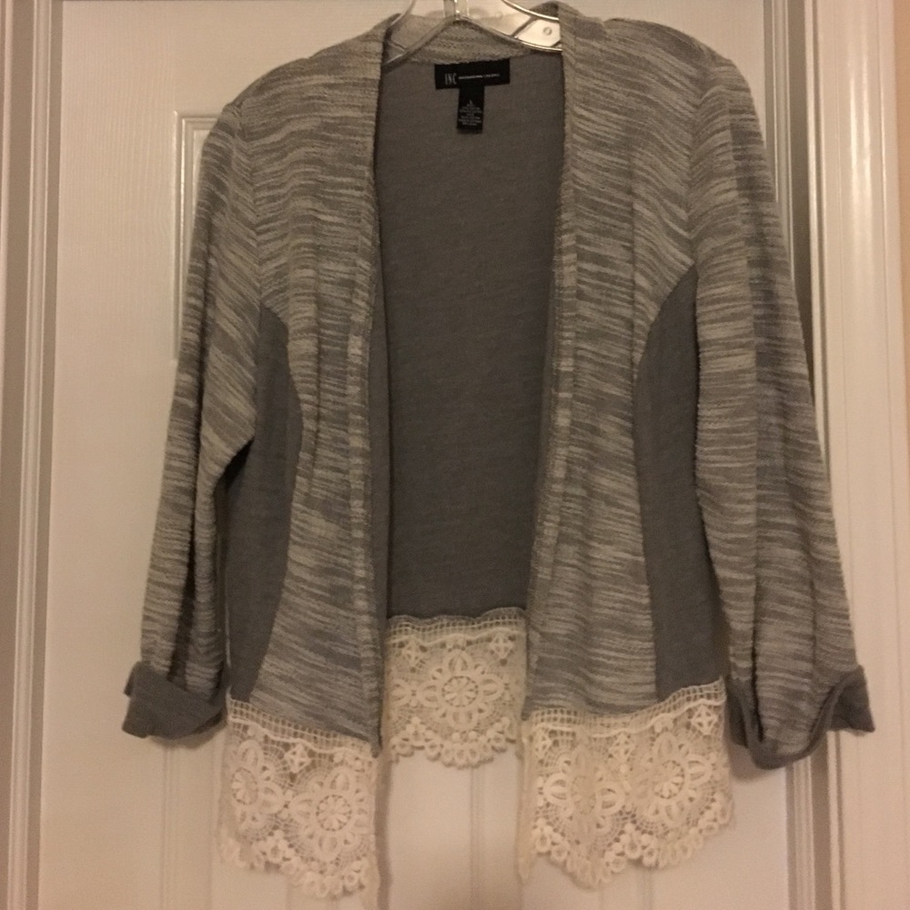 INC Grey Cardigan Sweater with Lace on the bottom
