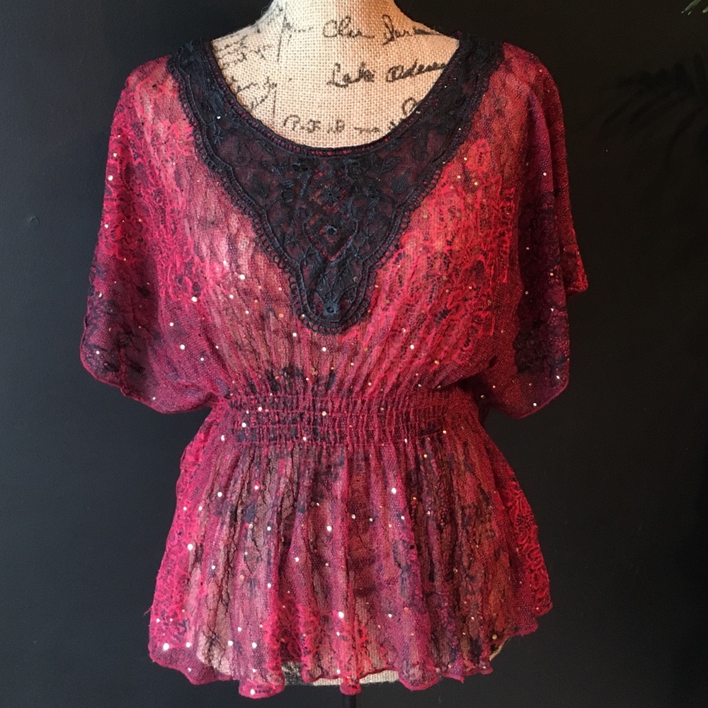 Heart Soul Sheer Top Red & Black Sz. S
