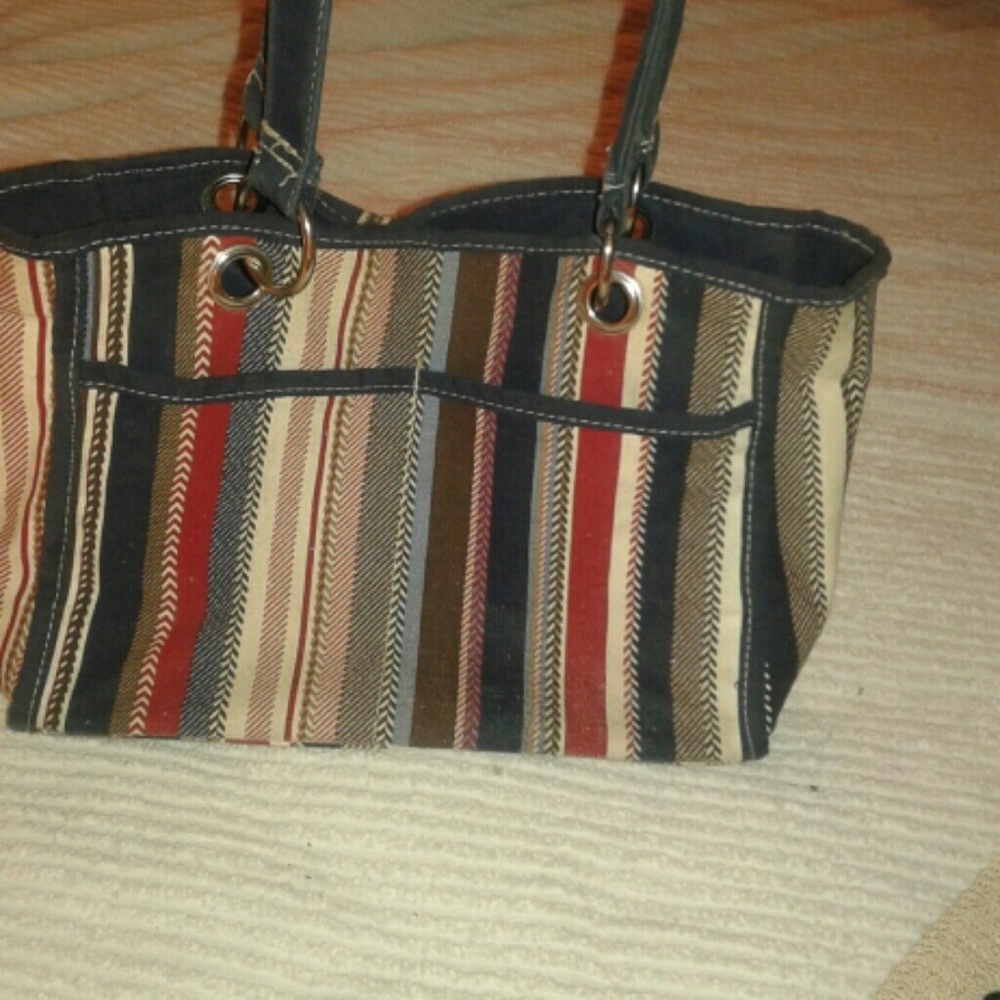 Vintage Cloth purse navy blue mainly with stripes vertically multi color