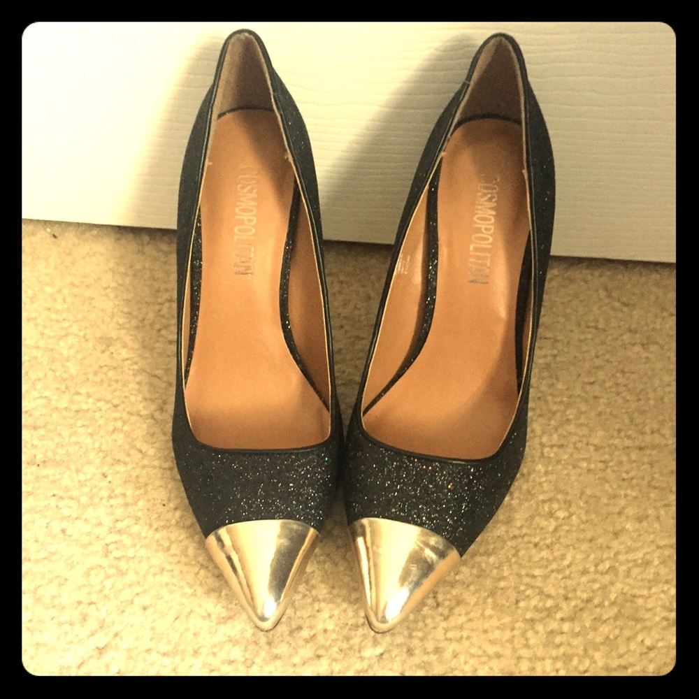 Gorgeous Black-Glitter Gold-Tipped Cosmo Heels 7.5