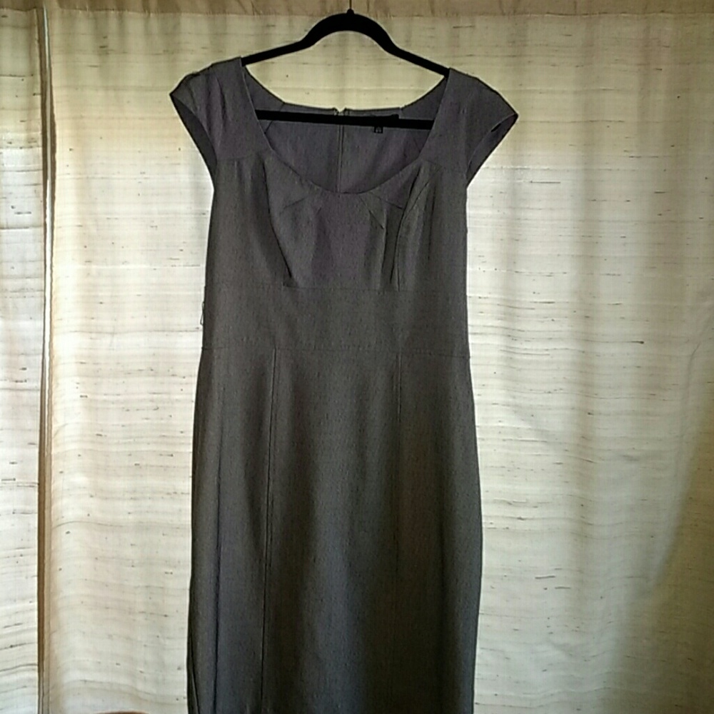 Gray sheath dress with cap sleeves.