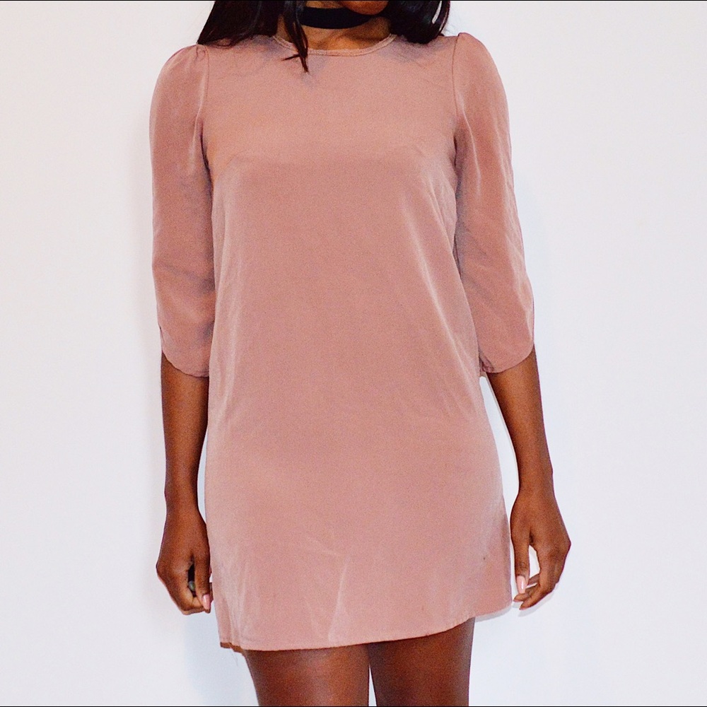 Tan Long Sleeve Shift Dress