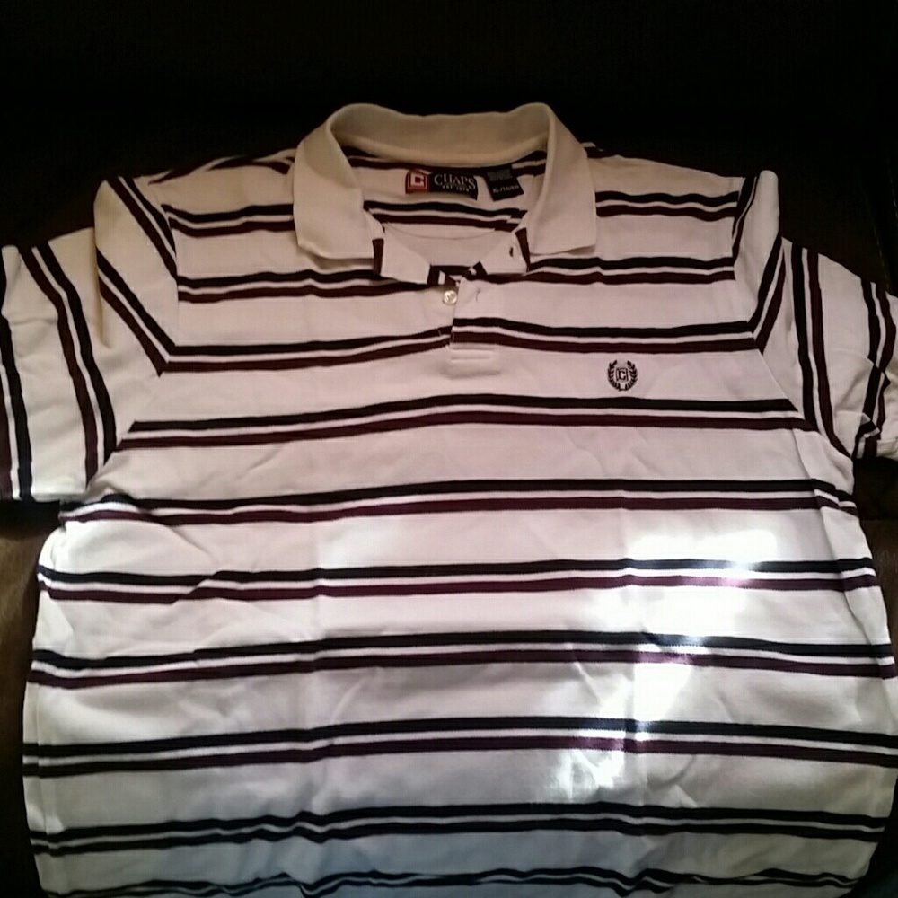 Men's white Chaps Polo with maroon and navy stripe