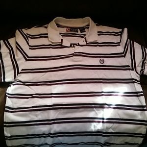 Men's white Chaps Polo with maroon and navy stripe