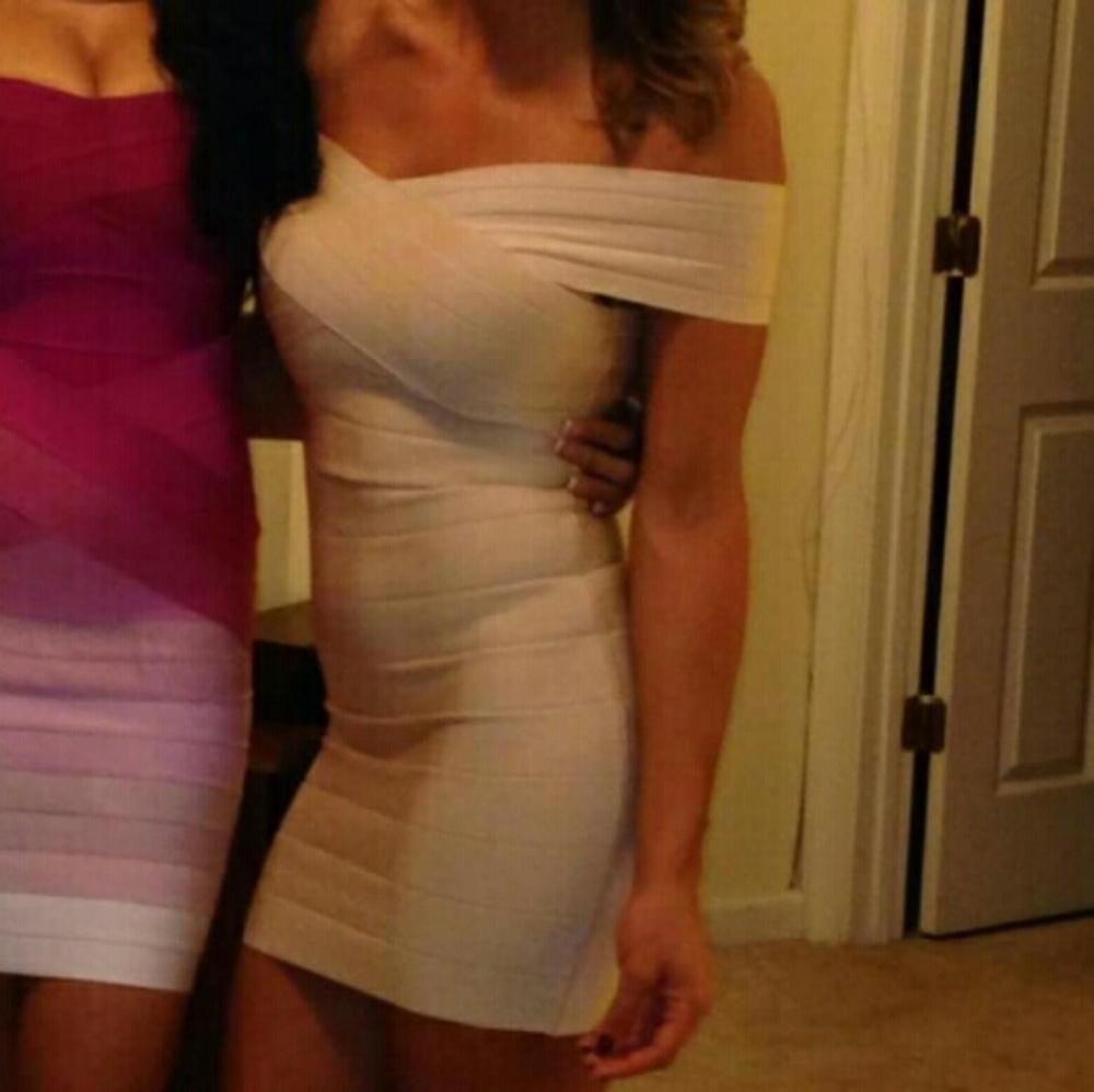 cream off the shoulder bandage dress