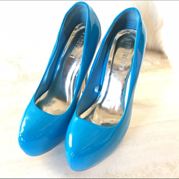 Sz 7.5 New Patent Pleather Blue Platform Heels - Picture 2 of 4