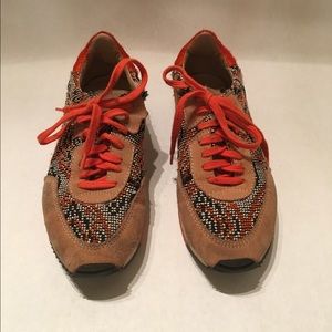 Zara Sneakers Black Orange Embroidered Suede Sz 8