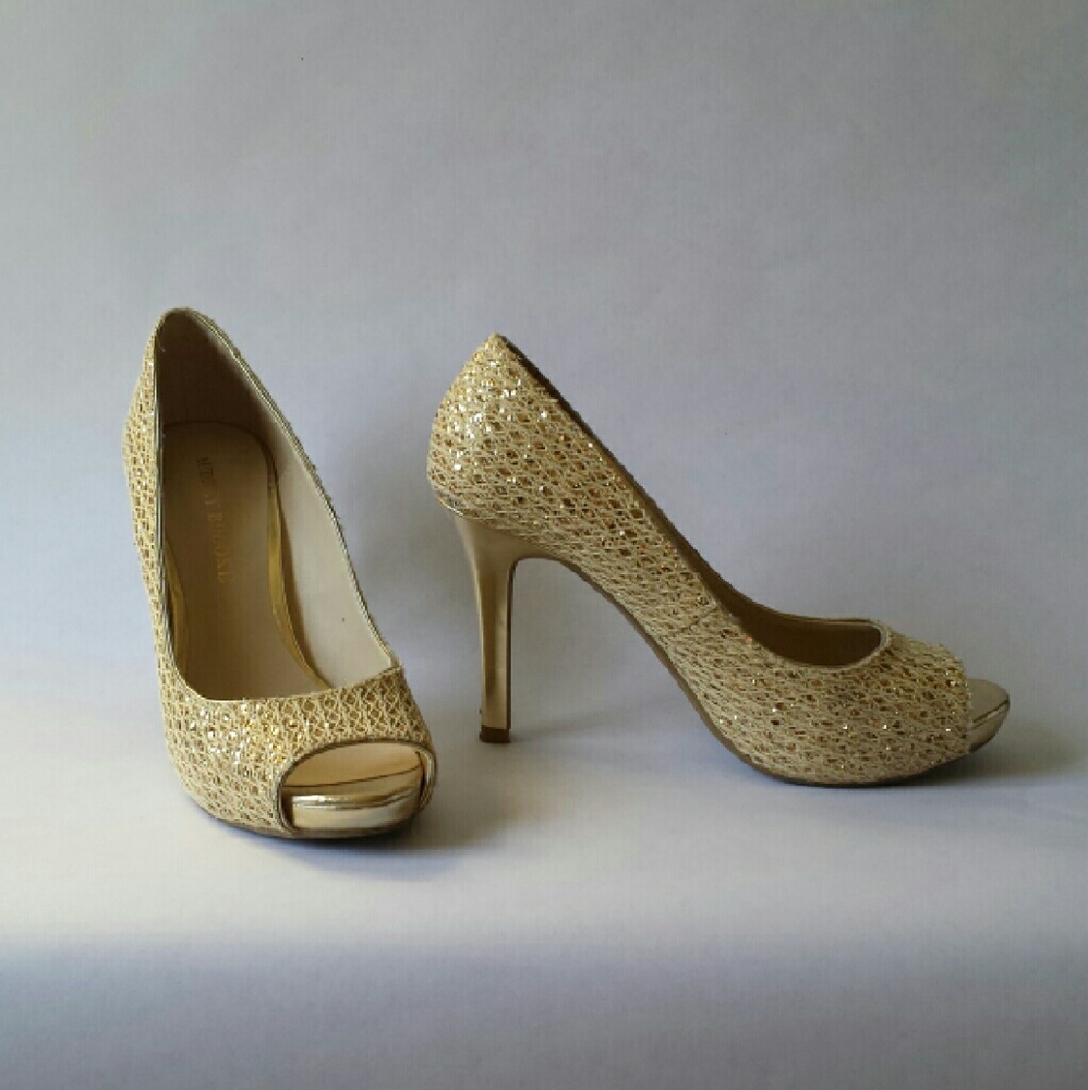 Audrey Brooke Gold Sequined Peep Toe Heels