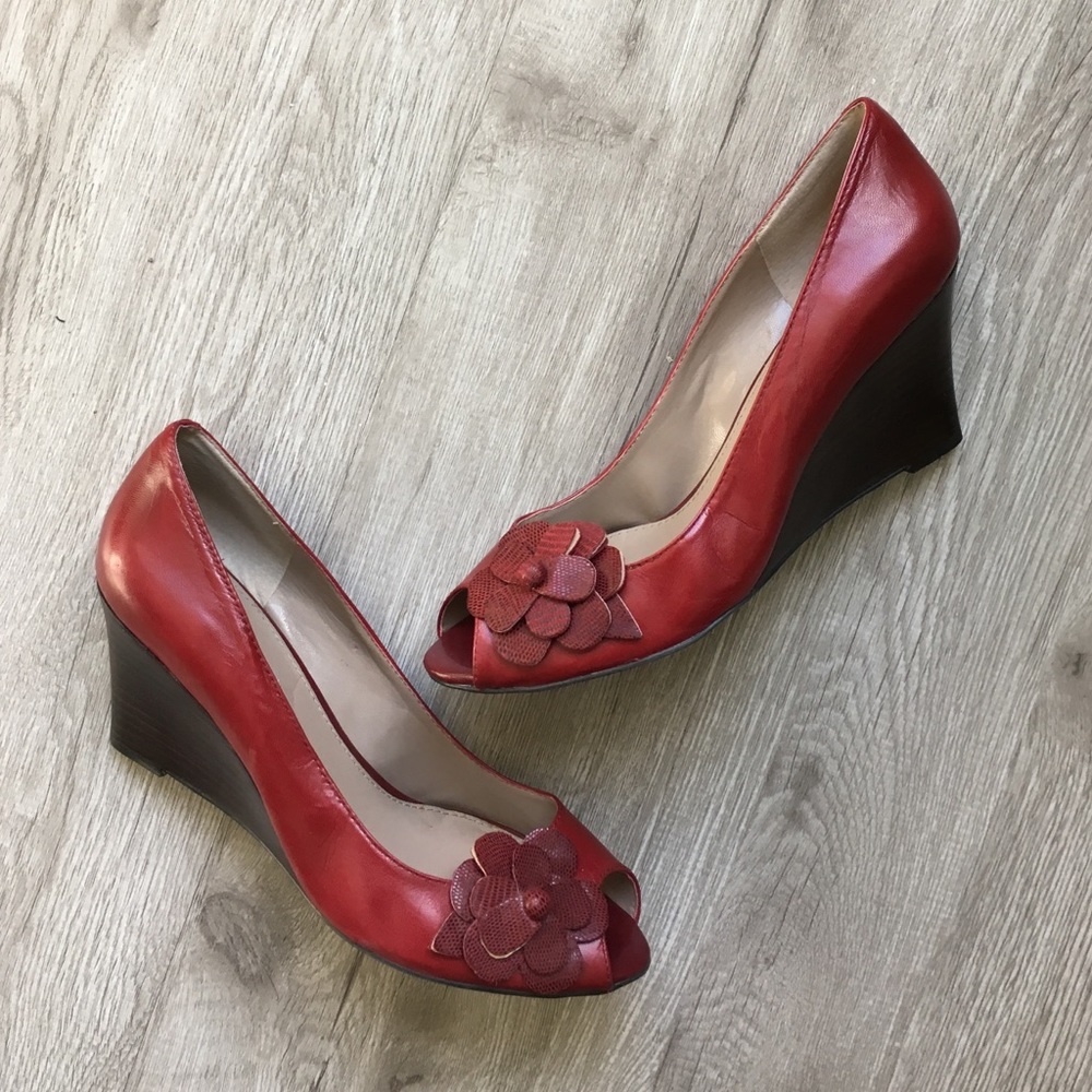 Red leather peep toe wedge heel