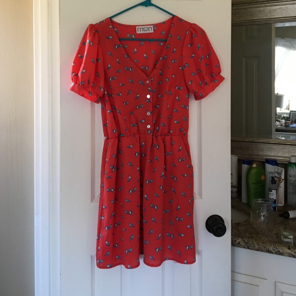 RED BELL SLEEVE DRESS WITH BLUEBIRDS AND POCKETS