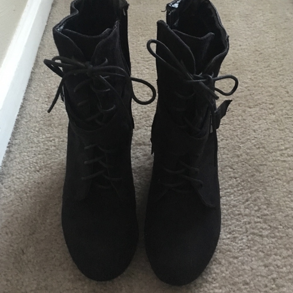 Black suede lace/zip-up ankle booties