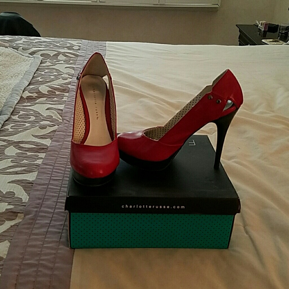 Red faux leather heels