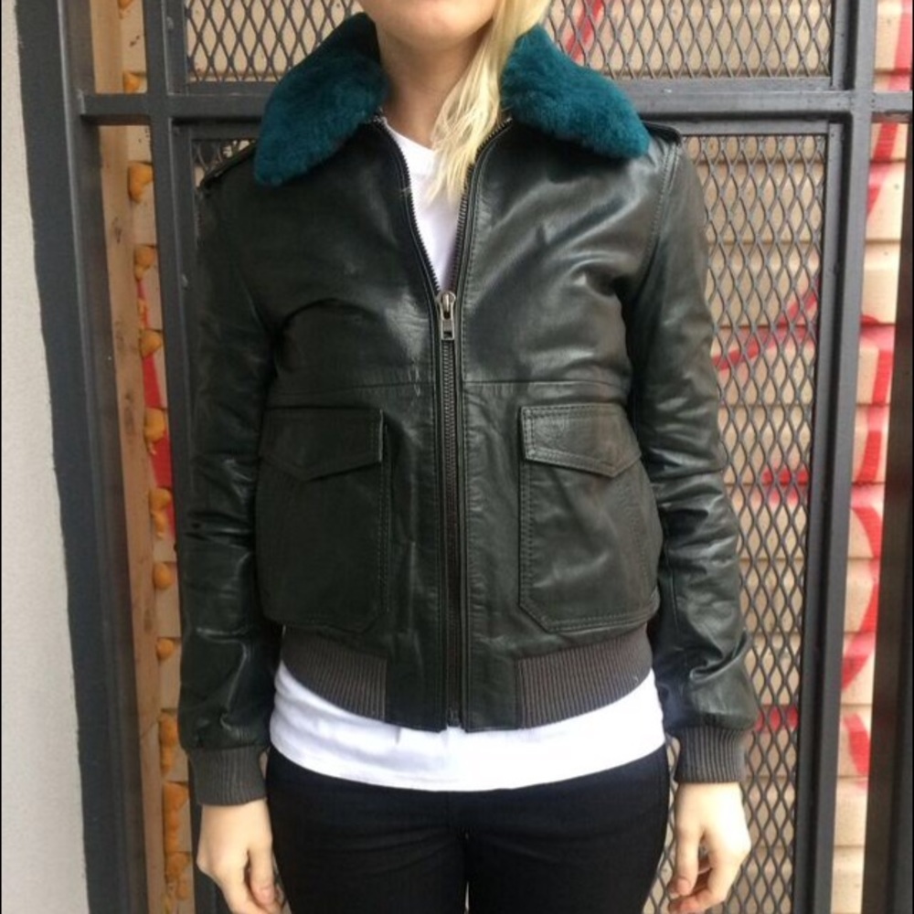 Blk Denim Shearling Leather Bomber Jacket