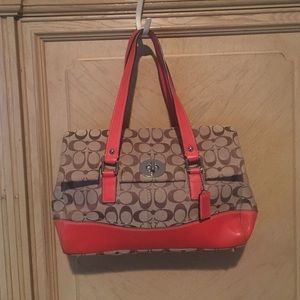 Orange and Brown Printed Coach Bag