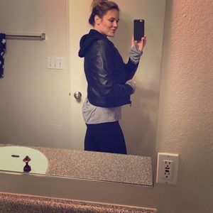 Faux leather jacket with detachable cloth hood