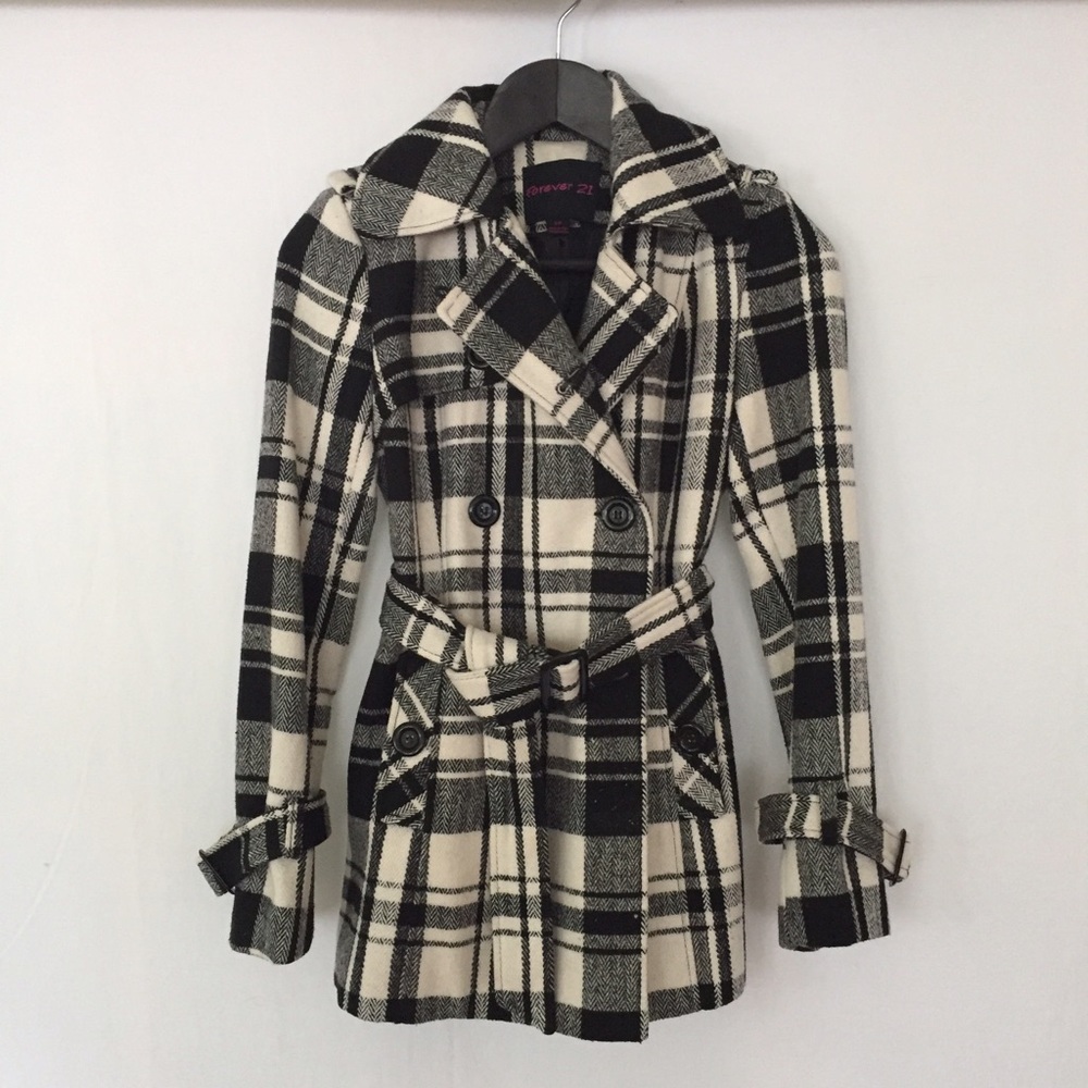 *SOLD* Black & white plaid wool blend pea coat Sml
