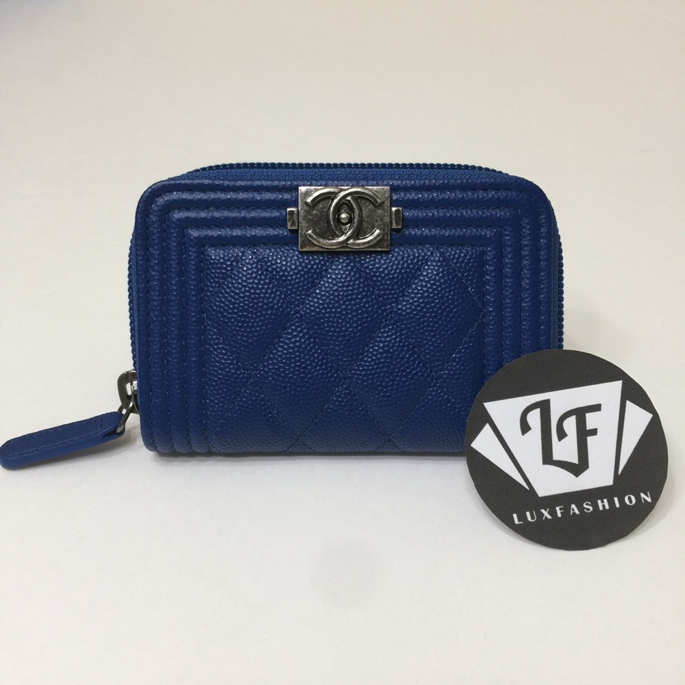 Chanel Boy Zip Around Coin Card Holder Wallet Blue