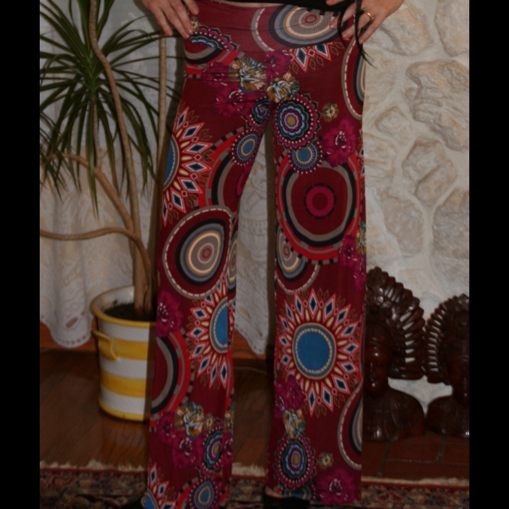 Burgundy, teal, red, flowers, circles, boho pants