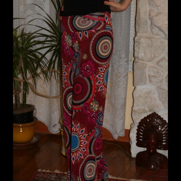 Burgundy, teal, red, flowers, circles, boho pants - Picture 2 of 4