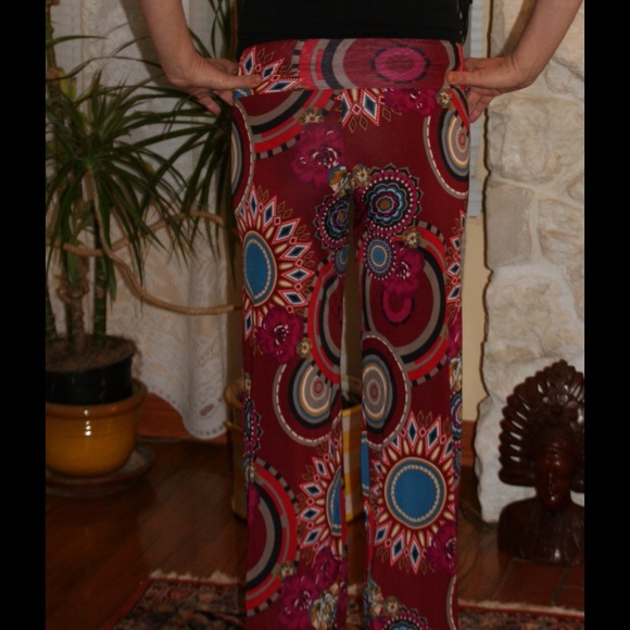 Burgundy, teal, red, flowers, circles, boho pants - Picture 3 of 4