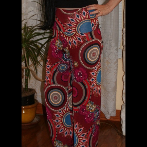 Burgundy, teal, red, flowers, circles, boho pants - Picture 4 of 4