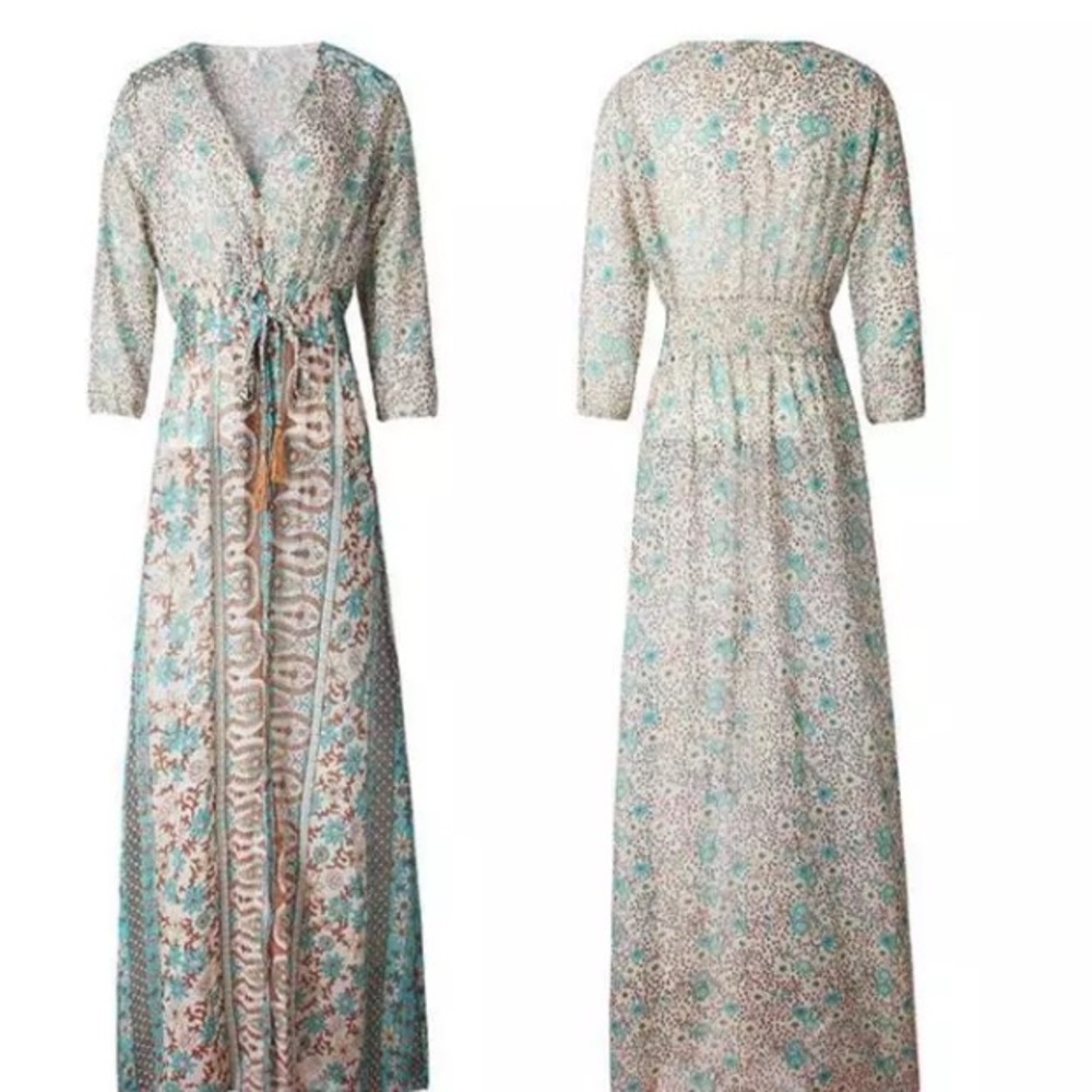 🇺🇸🎄 Turquoise/Brown BOHO Maxi Dress - Picture 5 of 8