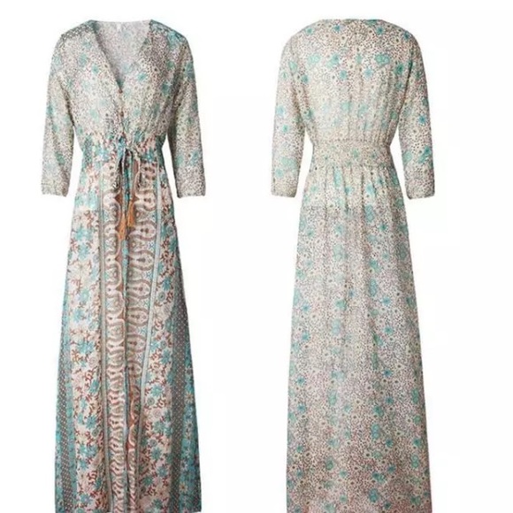 🇺🇸🎄 Turquoise/Brown BOHO Maxi Dress - Picture 5 of 8