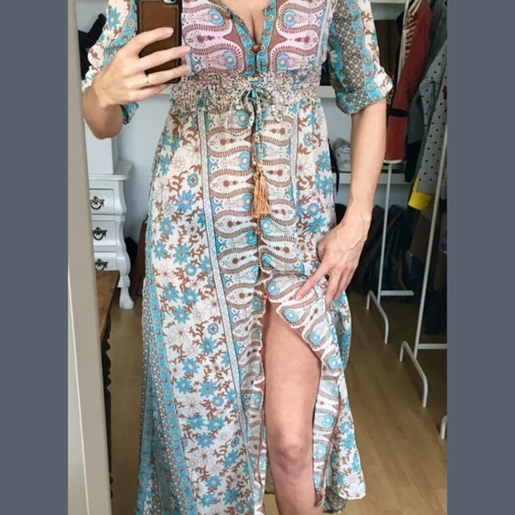 🇺🇸🎄 Turquoise/Brown BOHO Maxi Dress - Picture 3 of 8