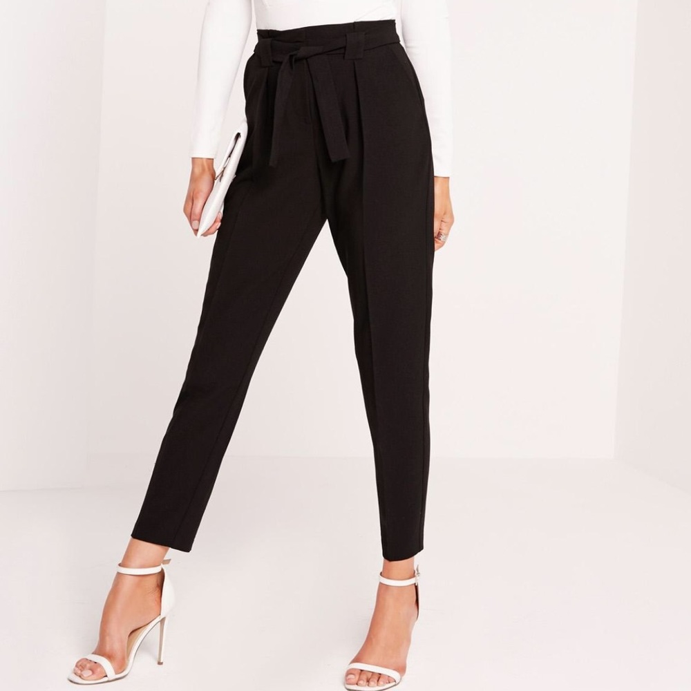 Pleated Waist Tie Belt Cigarette Pants Black