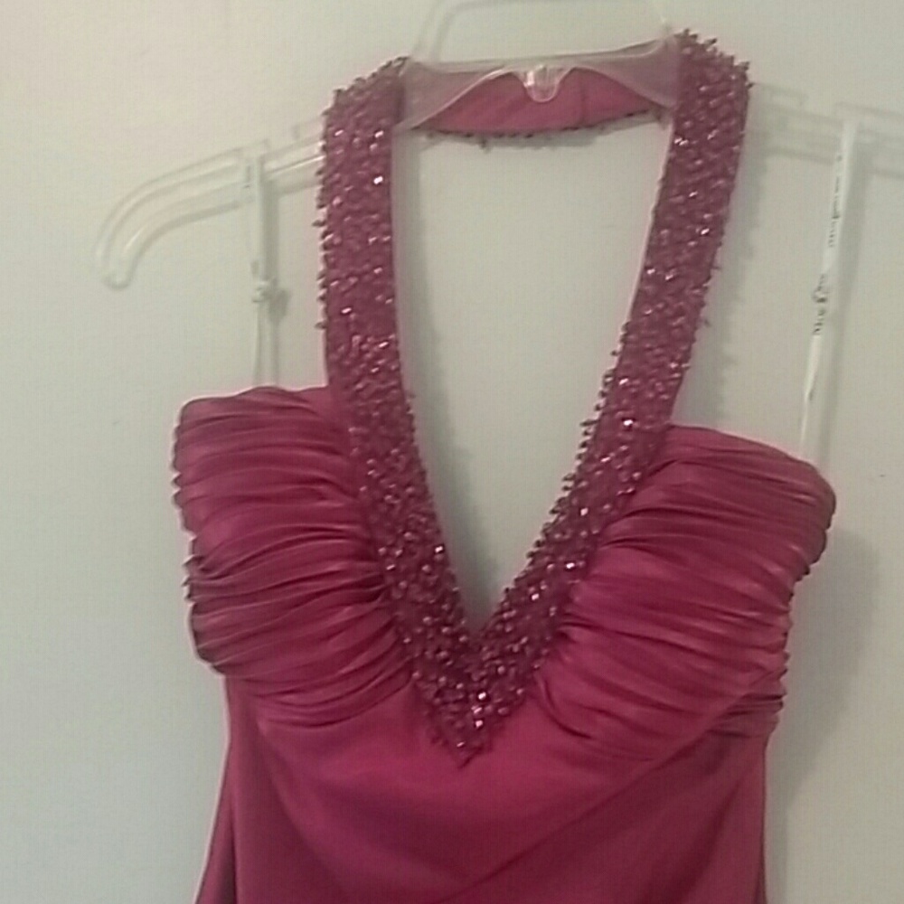 Beaded halter top silk prom dress