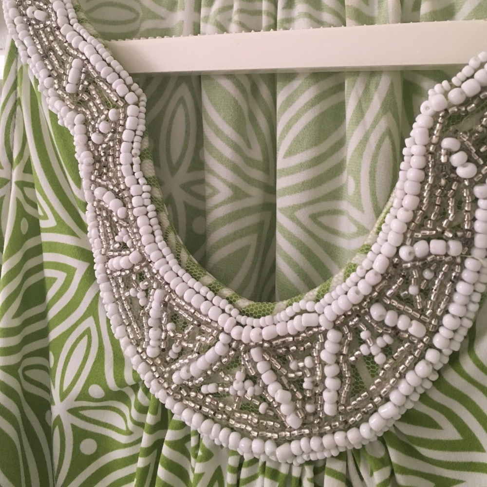 👗Beaded Green and White Dress