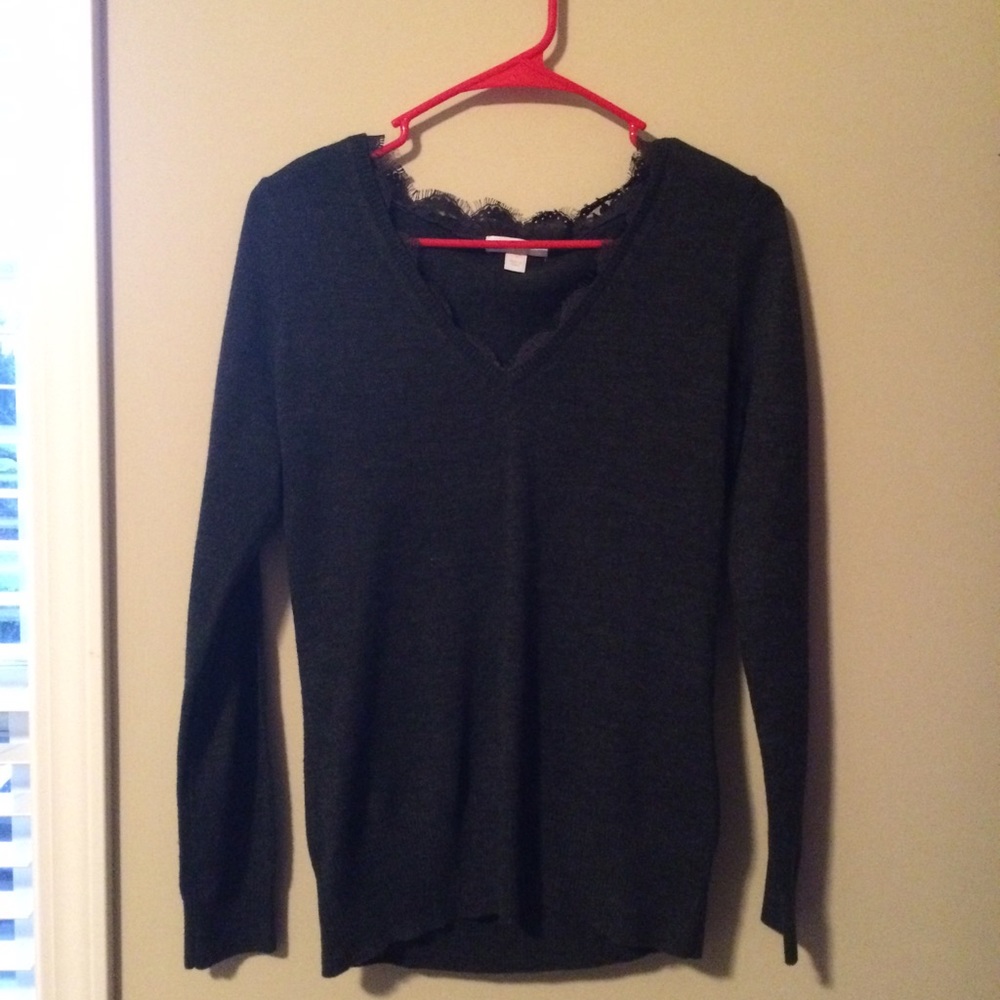 Gray sweater with lace detailing