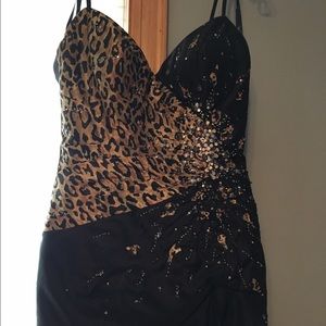 Tony Bowls black leopard taffeta gown