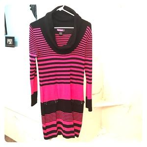 Black and Dark Pink - Cowl Neck Sweater Dress