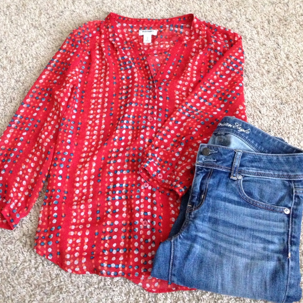 Red polka dot button shirt