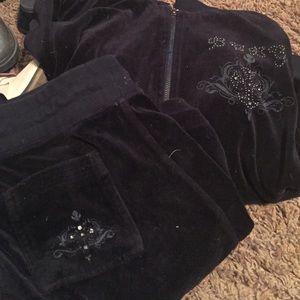 BCBG velour jump suit pants and zip up sweatshirt